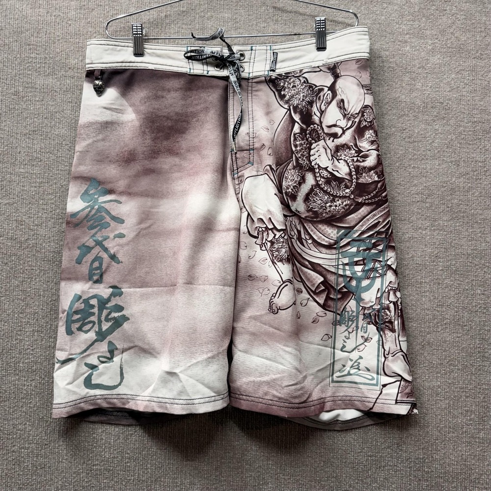 Affliction Board Shorts Mens 34 Brown Samurai Skull Tattoo Surf Swim Trunks
